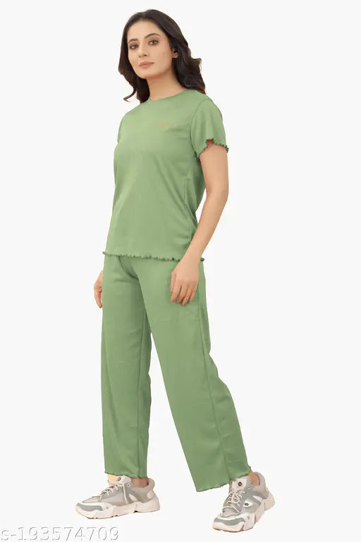 Cotton blend girls/women's pista short-sleeve regular nightsuit - soft, breathable, and vibrant sleepwear from India