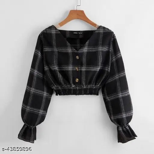 Cotton blend Alisha Western Check Top, three-quarter sleeves, self-design denim jacket in dark wash. Closer is by button. Premium quality denim for women's casual wear from MAGARMENTS, Made in India