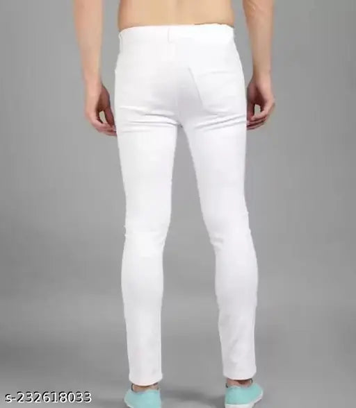 Men's stylish white denim knee-cut jeans, high-quality stretchable fabric with solid print and excellent finishing. Sizes: 28 (Waist 28in, Length 41in), 30 (Waist 30in, Length 41in). India origin