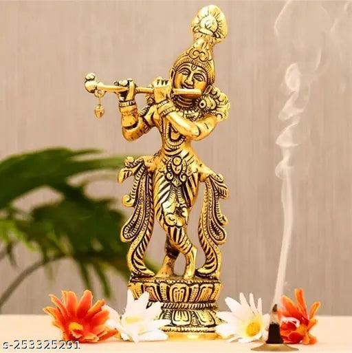 Metal Krishna Idol playing flute, decorative showpiece for home or temple gifting, 8cm x 22cm x 22cm