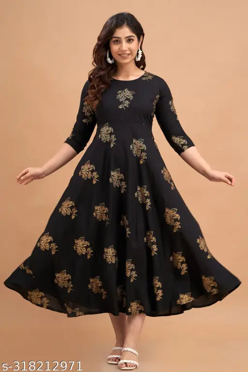 Rayon ethnic women's gown with three-quarter sleeves, printed combo - Indian golden print dress