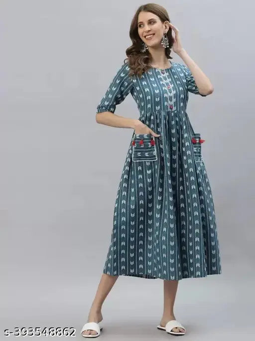 Women's cotton double-pocket kurti, three-quarter sleeves, printed combo, India-made, S-XXL sizes available