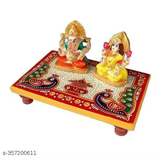 Multicolor marble Ganesh Lakshmi idol (6x4 inches) on marble chowki - Handcrafted Indian artwork for home/office decoration