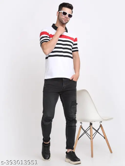 Blue and white striped cotton blend polo shirt for men, short sleeves, half collar, size L (42in chest, 28in length), made in India