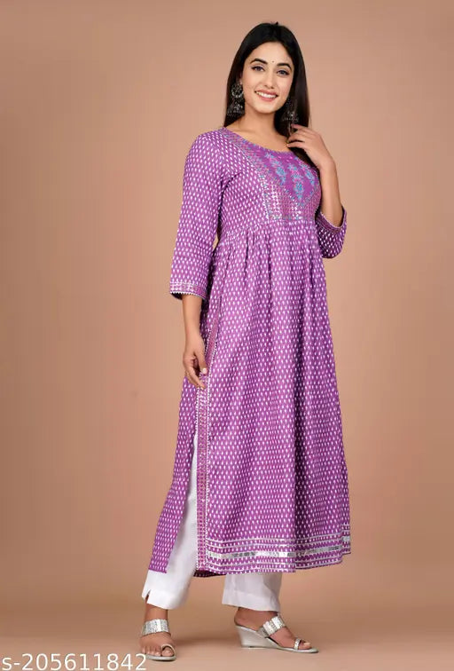 Purple embroidered rayon kurta, three-quarter sleeves, India-made women's fashion