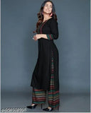 Rayon Women's Kurti Plazo Kurta Set, solid net Indian-made rayon attire with three-quarter sleeves