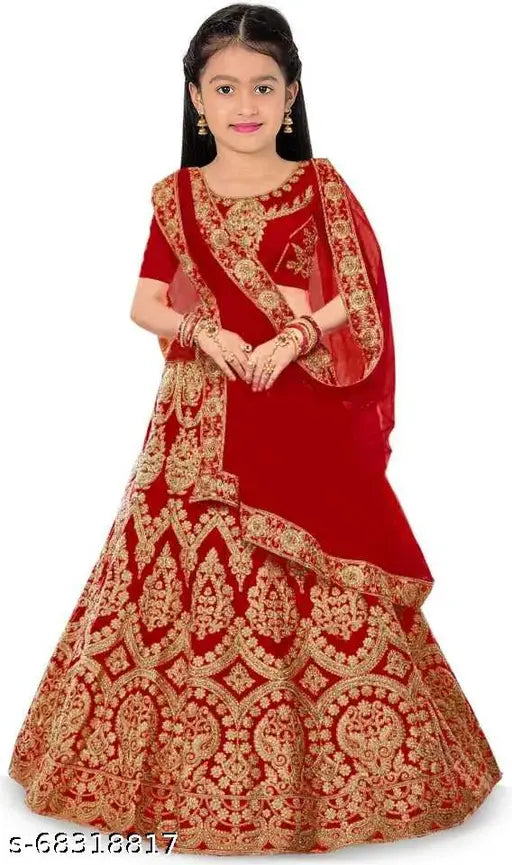 Red satin lehenga with net sleeves and embroidered stitch, semi-stitched for kids, Indian origin