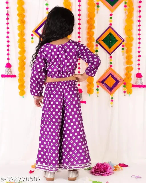 Purple bandhni crop top plazzo with long sleeves, made from premium kora muslin. Indian-origin traditional attire for girls aged 6 months to 9 years