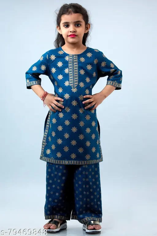 Kids girl rayon kurta palazzos set, printed with three-quarter sleeves, 4-8 years old, Indian traditional attire