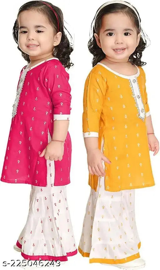 Printed Rayon baby girls Kurta & Sharara Set Combo for casual, rayon fabric with three-quarter sleeves, suitable for parties or weddings. Available in multiple sizes: 0-3M, 0-6M, 3-6M, 6-9M, 6-12M, 9-12M, 12-18M, 18-24M, 0-1Y, 1-2Y, 2-3Y. Made in India