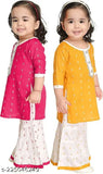 Printed Rayon baby girls Kurta & Sharara Set Combo for casual, rayon fabric with three-quarter sleeves, suitable for parties or weddings. Available in multiple sizes: 0-3M, 0-6M, 3-6M, 6-9M, 6-12M, 9-12M, 12-18M, 18-24M, 0-1Y, 1-2Y, 2-3Y. Made in India