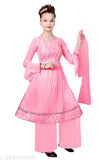 Premium embellished pink Georgette kurta palazzo & dupatta set for girls (pack of 3), latest trendy girls ethnic wear for parties and weddings