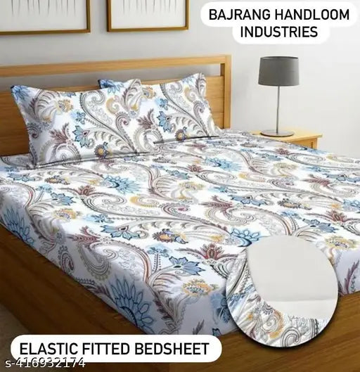 Cotton blend double bedsheet set, botanical print, elastic fitted by Bajrang Handloom industries. Ideal for mild winter, adult use