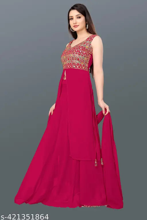 Embroidered kurta set with matching churidar pajamas, high neckline, party wear