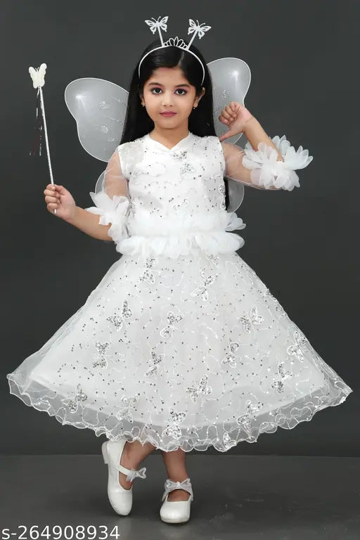 White net embellished girls frock dress with three-quarter sleeves, suitable for casual occasions. Made in India