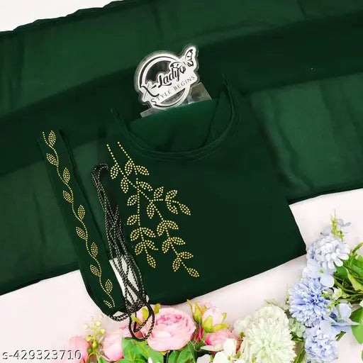 Green embellished net georgette long-sleeve dress, flared with a 52-inch length and free matching belt. Indian traditional collection, available in sizes S-XXL