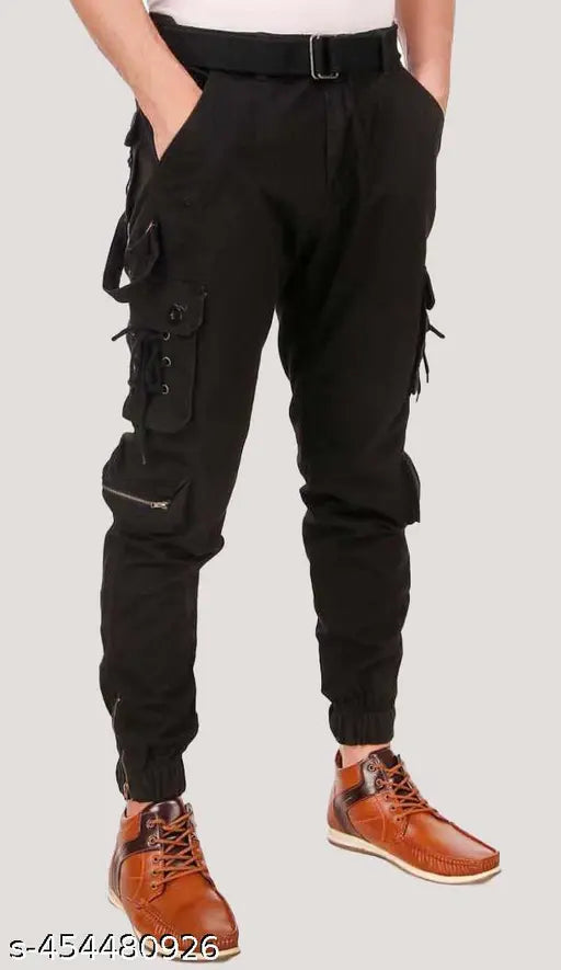Men's cotton blend cargo jeans, solid net style, available in sizes 28, 30, 32, 34, 36, and free size. Indian-made men's cargo denim wear on mannequin