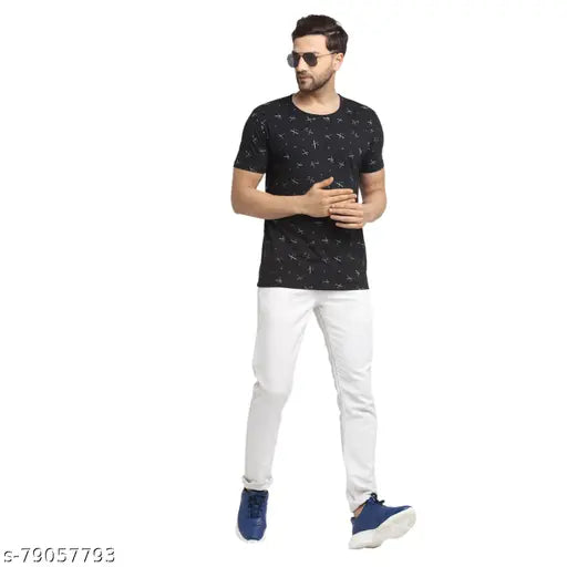 Black cotton round-sleeve t-shirt by Vimal Jonney, featuring printed design. Ideal for everyday wear with jeans or trousers. Made in India (124 characters)