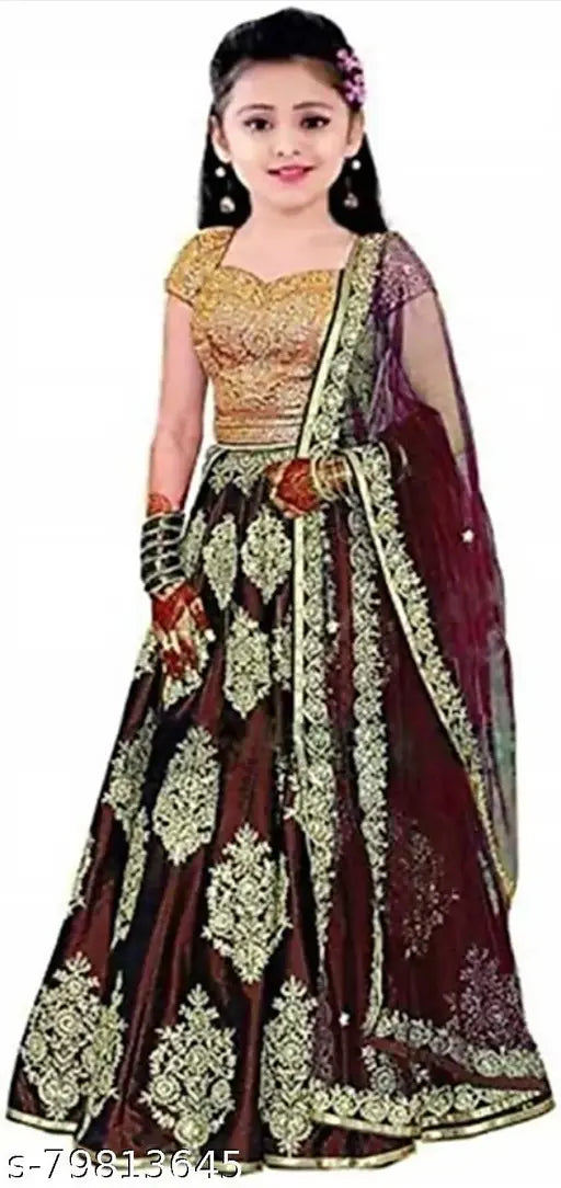 Maroon taffeta and net lehanga choli set with embroidery, 1 size: 34in waist, 36in length, 1.85m dupatta, Indian traditional wear for girls aged 3-15 years