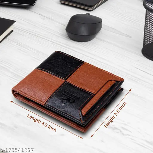 Faux leather/leatherette men's square ATM wallet with colorblock design, featuring 3 card slots, ID holder, secret compartments, coin pocket, and 2 currency compartments. Well-crafted for maximum needs with durable cloth lining. Made in India