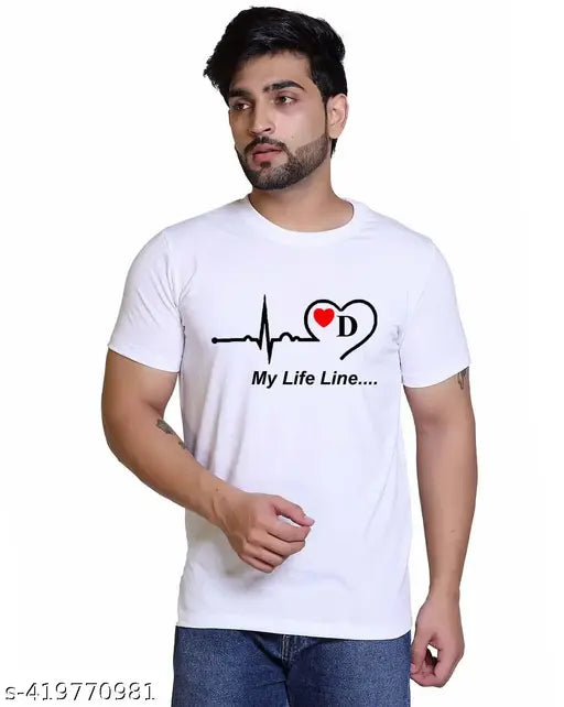 White half-sleeve Life Line D t-shirt, printed with letters, men's and boys sizes available