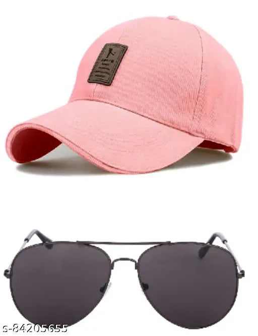 Pink cotton cap set with matching sunglasses for unisex, trendy and easy-to-care accessories from India