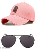 Pink cotton cap set with matching sunglasses for unisex, trendy and easy-to-care accessories from India
