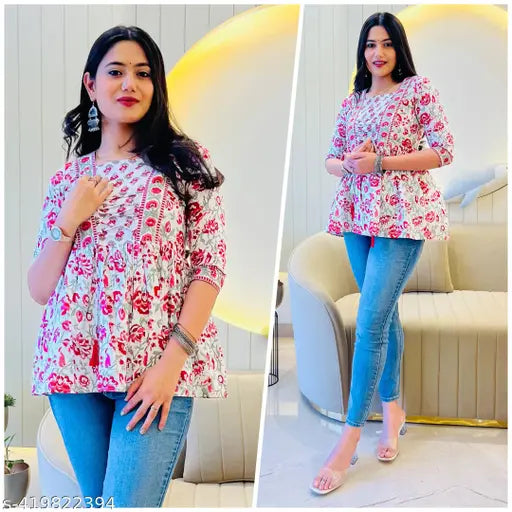 Pure cotton printed three-quarter sleeve short kurti for plus sizes, country of origin: India