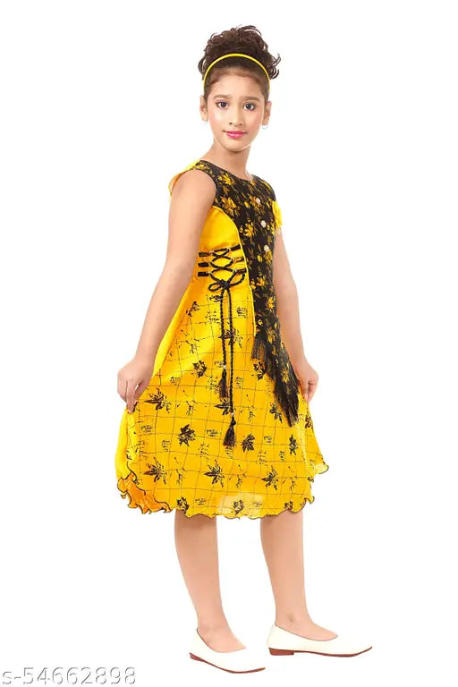 Red and yellow girl's party dress combo, cotton fabric, short sleeves, knee-length skirt, sized for ages 6-12