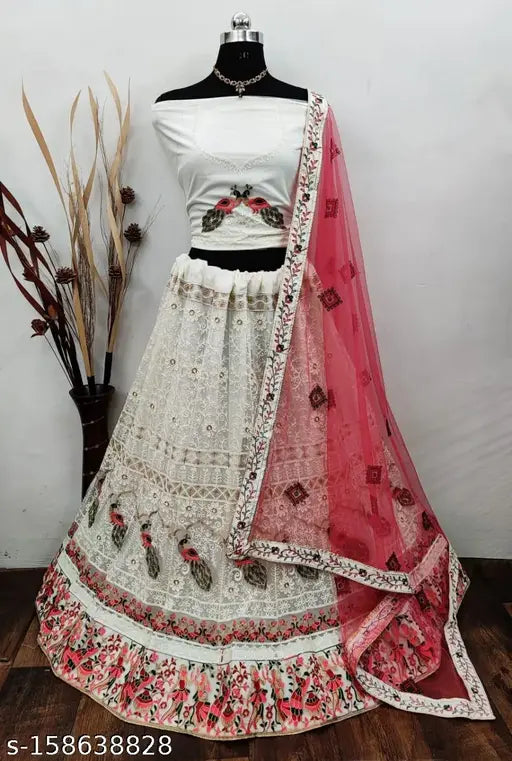 White net FLEX_Lehenga_Bulbul with embroidered top and dupatta, traditional Indian bridal wear on mannequin