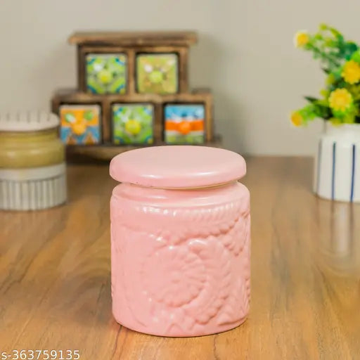 Pink ceramic jar set with two jars, green and pink