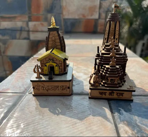 Wooden EliteTouch 3D model combo set (Ayodhya Mandir, Kedarnath Mandir, Ram Mandir) for car dashboards, intricately detailed Indian hanuman statues, each 10cm in length