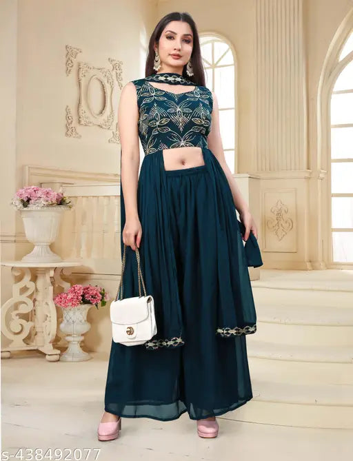 Blue lame ethnic kurta and palazzo set, embroidered work, women's traditional wear