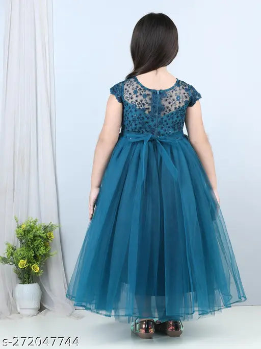 Teal blue embroidered net girls' party dress, ideal for 1-2 year olds #partywear #kidsdress #girlsdress #kidsootd #childrenswear
