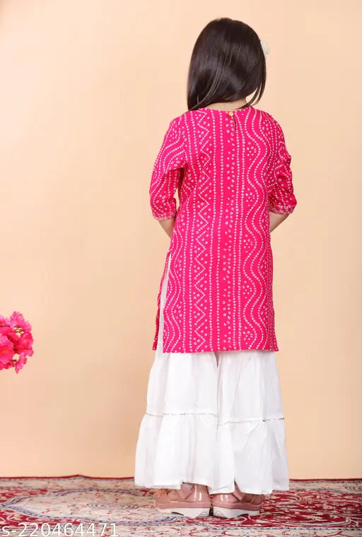 Embroidered rayon kids girl kurta sharara set in A-line shape with three-quarter sleeves, available in sizes 4-5 Years, 5-6 Years, 6-7 Years, 7-8 Years. Traditional Indian clothing on display." (125 characters)