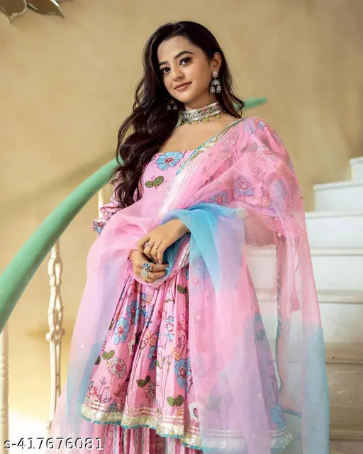 Pink rayon floral print kameez set with dupatta