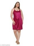 Satin lycra solid color above-knee nightie for women, sleeveless spaghetti top style - Indian-made Bfly sleepwear