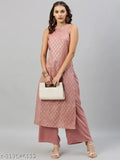 Pink cotton sleeveless kurta plazzo set, zari woven net festive party wear for women