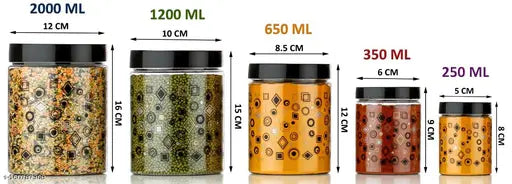 Plastic kitchen containers pack, 100% black, 3-pack in various sizes, 2000ml, 1200ml, 650ml, 350ml, 250ml