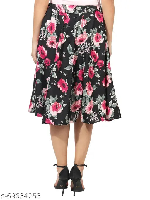 Grace Diva pink rose floral print mid-calf length women's skirt combo in navy blue and white, crepe polyester, size 26-36 (India origin)