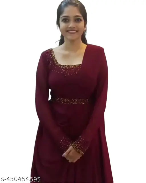 Maroon georgette Daimand gown with long sleeves, solid pattern, size M, made in India
