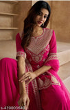 Pink embroidered long-sleeve traditional Indian outfit, likely saree or lehenga