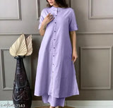 Purple kurta with matching pants, long sleeves, buttoned front