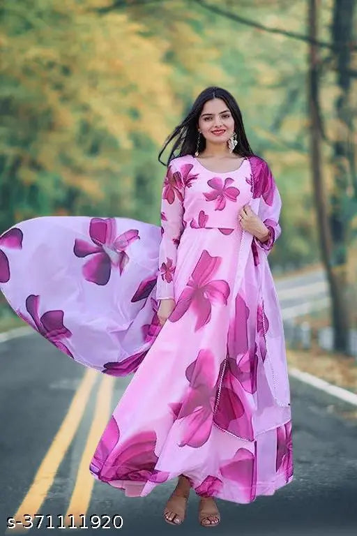 Purple digital flower print Georgette gown, elegant Indian fashion for special occasions