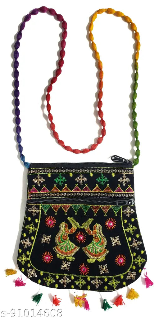 Black fabric ethnic Rajasthani sling bag for women and girls