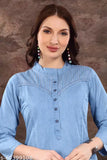 Denim pocket kurta in solid colors, three-quarter sleeves, by Salwa Brand. High-quality Indian denim tunic with modern twist for women and girls. Available in various sizes from M to 6XL
