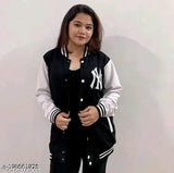 Black print-patterned women's fleece Bomber/Varsity jacket, featuring stand collar, 2 front snap pockets, and long sleeves with ribbed cuffs and bottom hem. Perfect for winter wear. Made in India (Size options: S, M, L, XL)