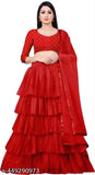 Embroidered net lehenga & crop top with ruffled dupatta, Indian bridal wear for free size