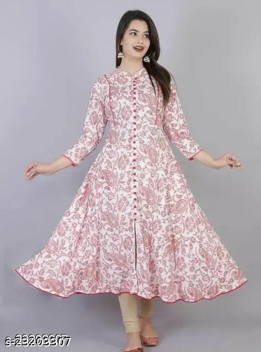 Rayon printed kurtis with three-quarter sleeves, fashionable Indian apparel available in multiple sizes