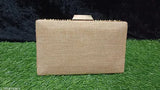 Tan jute fabric clutch with a metallic gold button accent, for special occasions